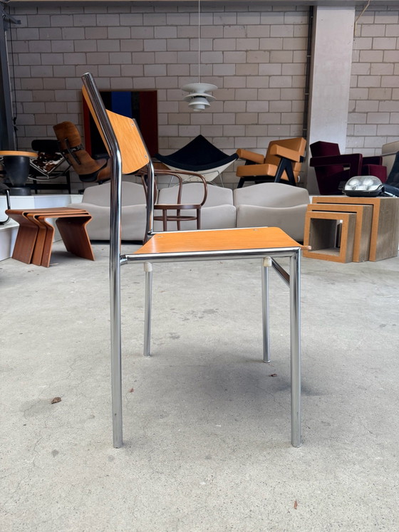 Chaise empilable vintage Gijs van der Sluis (stock: 13), Chaises de salle à manger, Bois, Chrome, Marron (photo 9 sur 15)