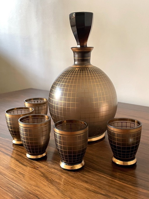 Wunderschönes Art Deco Likör-Dekanter-Set aus den 1930er Jahren