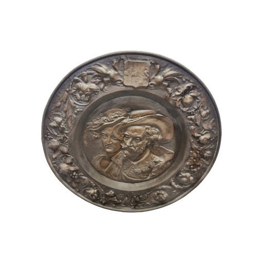 Antique copper wall plate Rubens with woman, 19th century