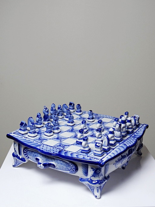 Rare and Unique Gzhel Porcelain Travel Chessboard Signed Yuri Garanin
