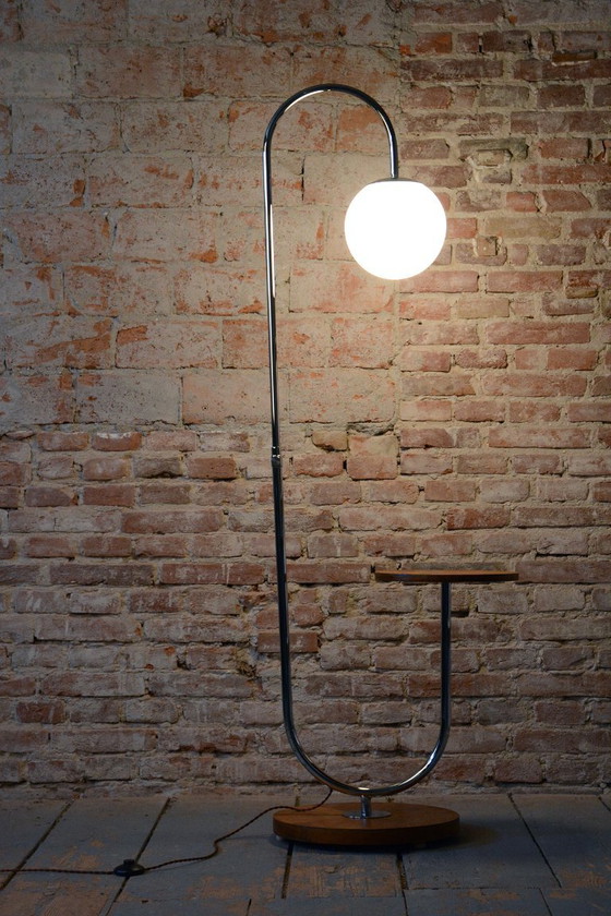 Restored Bauhaus Floor Lamp, by R. Slezák, Oak, Chrome, Czech, 1920s, Floor lights, Glass, Wood, Brown (photo 4 of 11)