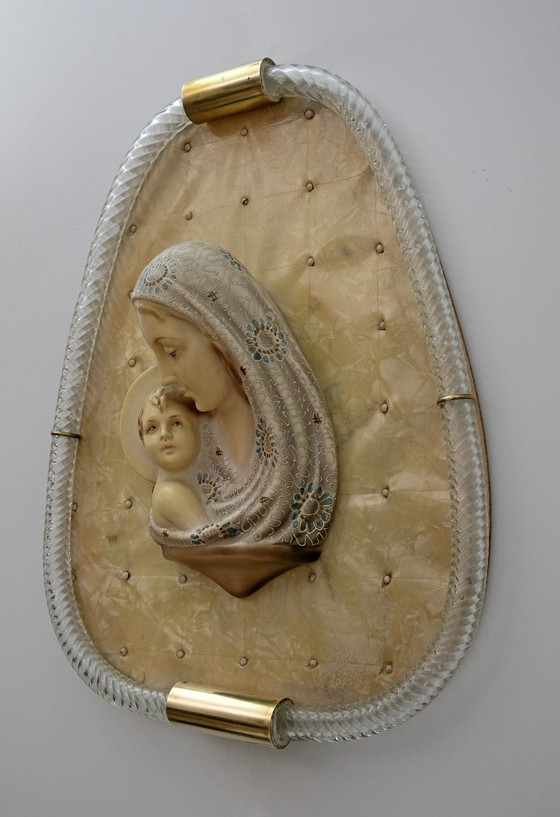 Image 1 of Mid Century Modern Madonna met kind Murano glas Torchon Frame door Venini, jaren 50