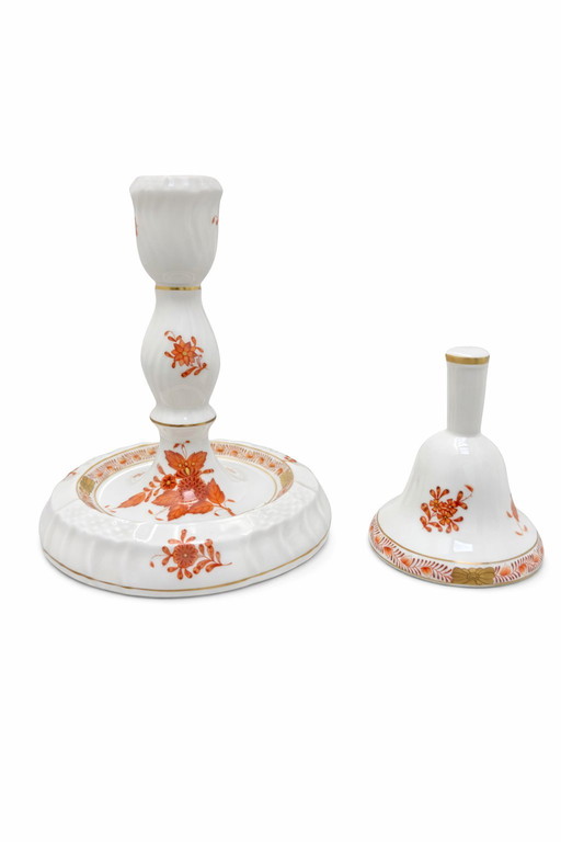 Herend Apponyi Orange Candlestick & Bell Set – Hand Painted Hungarian Porcelain – Collectible Vintage