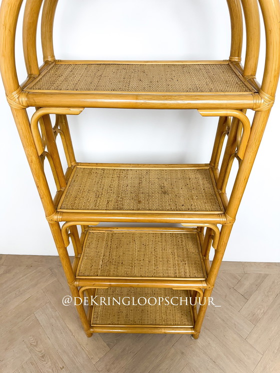 Image 1 of Vintage rattan bamboo arched cabinet bookcase