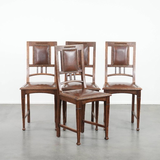 4 x Antique Oak Dining Chairs in Art Nouveau Style with Cognac-Colored Cowhide Leather