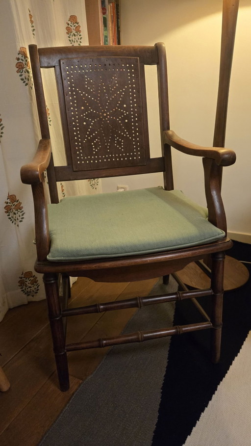 Antique Wooden Armchair With Star Pattern Backrest