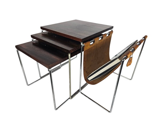 Image 1 of Dutch Design - Brabantia Holland - Mime Set - Reading Rack - Vintage Side Table With Cognac Saddle Leather Reading Rack - 60's