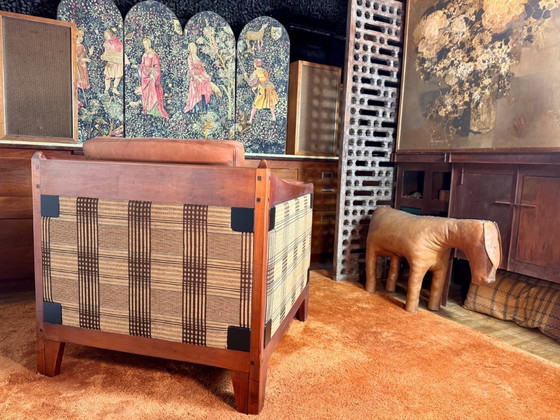 Image 1 of Schuitema Shaker comfortable club armchair in cognac aniline leather with graphic textile panels all around