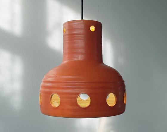 Image 1 of Oranje keramieken Mobach hanglamp, west germany fat lava stijl, vintage aardewerken oranje lamp