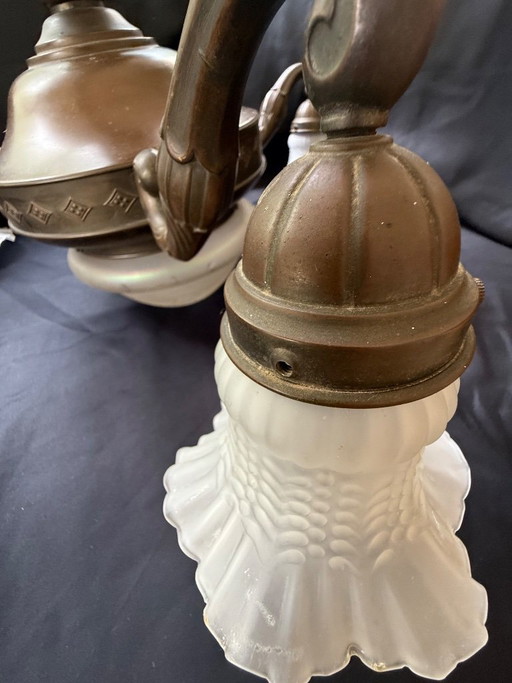 Lustre Art Déco français à 4 lumières en bronze et verre dépoli, vers 1930 – hanglampen, Other (photo 2 of 7)