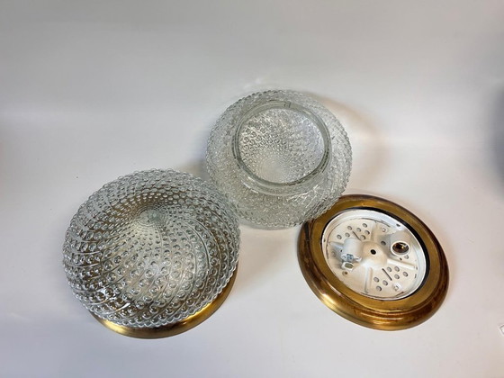 Image 1 of 2x grote vintage plafondlamp helder bubbel glas met goudkleurige rand