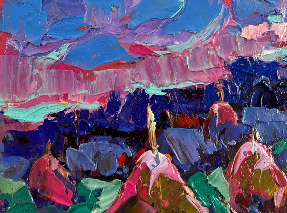 Image 1 of Original Oil Painting Sunset Field Landscape The evening is falling silent