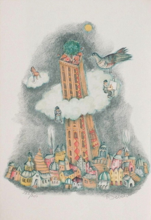 Françoise DEBERDT The Tower in the Clouds Signed lithograph 1985