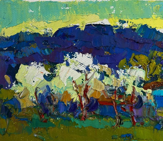 Image 1 of Original Oil Painting Summer House Landscape Beyond the village the path to freedom