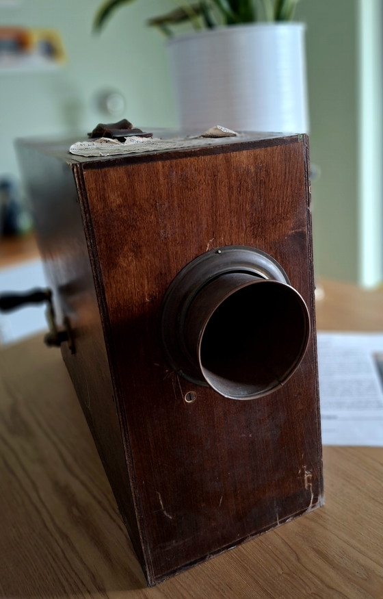 Image 1 of Antique hand-operated ship's fog horn in wooden resonance box – working – ca. 1900