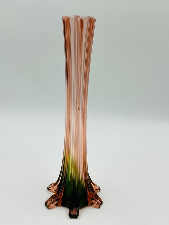 Image 1 of Pair of vintage bud vases in pink and green glass
