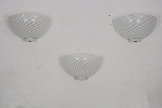 Image 1 of Italian Set of Three Striped Murano Glass Sconces in Venini Style, Italy 1970s