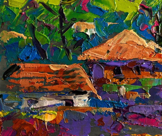 Image 1 of Original Oil Painting Summer Houses Landscape On the outskirts of the city