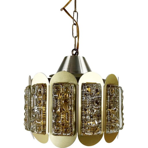 Lampada a sospensione vintage in ottone e vetro testurizzato di Vitrika, Danimarca, 1960