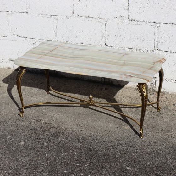 Image 1 of French Vintage Onyx Marble and Brass Coffee Table-Big Cocktail Table-Rare Lounge Table- Regency Style-70s