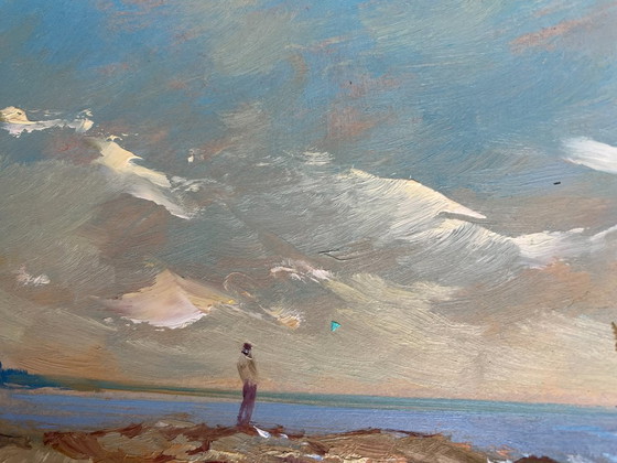 Image 1 of Original Oil Painting Coastal Landscape Admire the sunset at sea