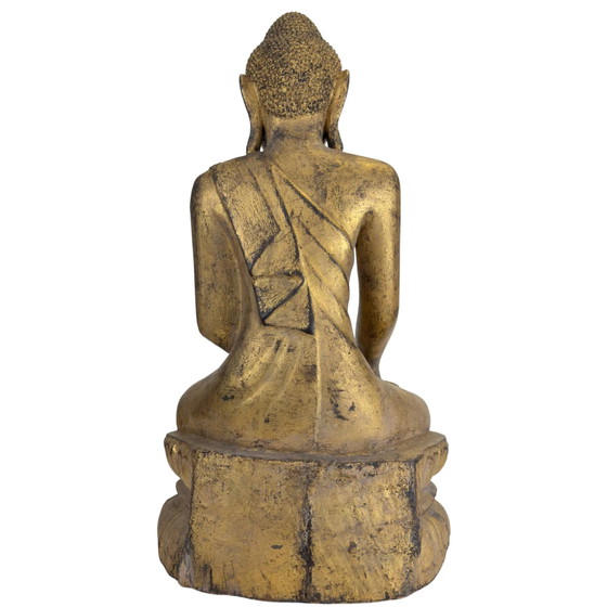 Buda antiguo de madera dorada – Estilo Mandalay de Myanmar – Incrustaciones de vidrio – Esculturas, Wood (photo 5 of 11)