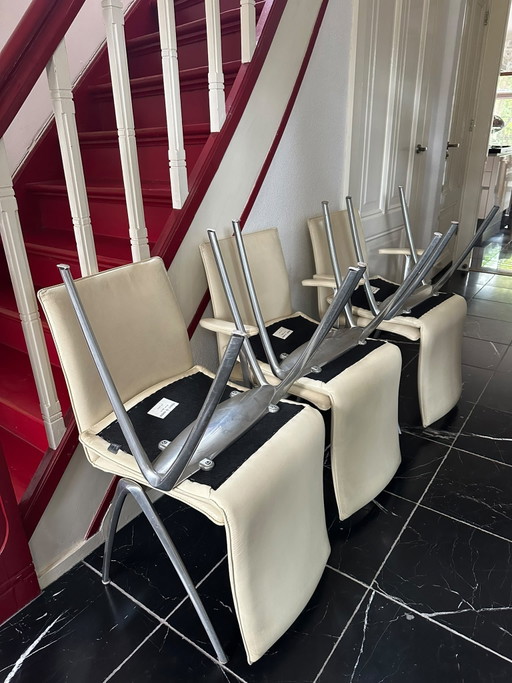 6x Leolux Eetkamer Stoelen Cremekleur – eetkamerstoelen, Leather