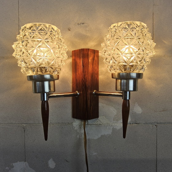 Image 1 of Vintage Danish teak double wall lamp crystal shade 60s wall mounted lights crystal