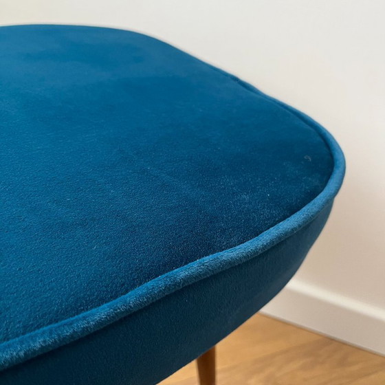 Image 1 of Vintage Velvet Footstool in Dark Teal, Mid Century Modern Stool with Wood Legs