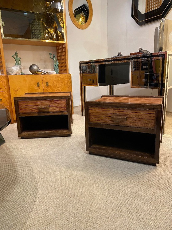 Image 1 of Art Deco nachtkastjes uit de jaren 80, gemaakt van zebra-eikenhout met vintage lades en een gelakte afwerking.