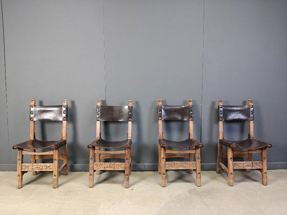 Image 1 of Vintage brutalist leather spanish dining chairs, 1960s