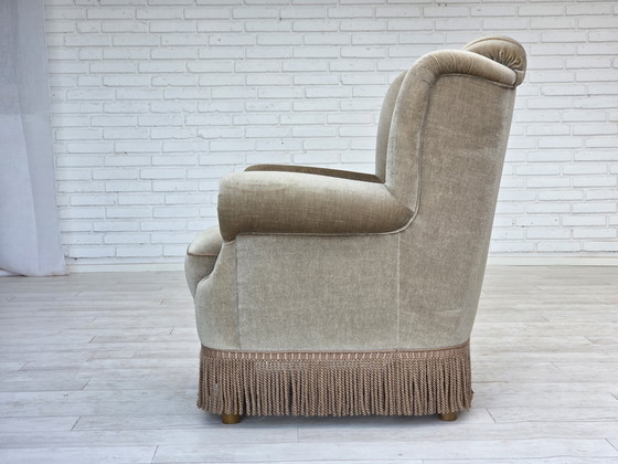 Image 1 of 1970s Danish Armchair, Original Condition, Furniture Velour, Beech Wood