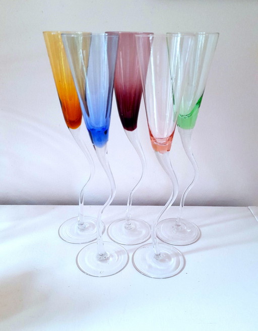 Set of 5 Colored Champagne Flutes