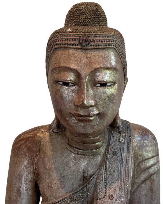 Large Antique Wooden Buddha 120 cm - Mandalay with Inlaid Eyes – Sculpture (photo 5 of 11)
