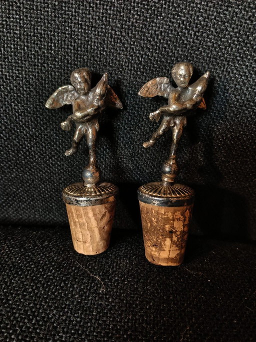 Pair of Vintage Bottle Stoppers with Putti in Silver-Plated Metal