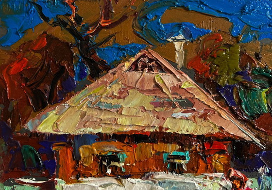 Image 1 of Original Oil Painting Summer Village Landscape Relaxing on a bench