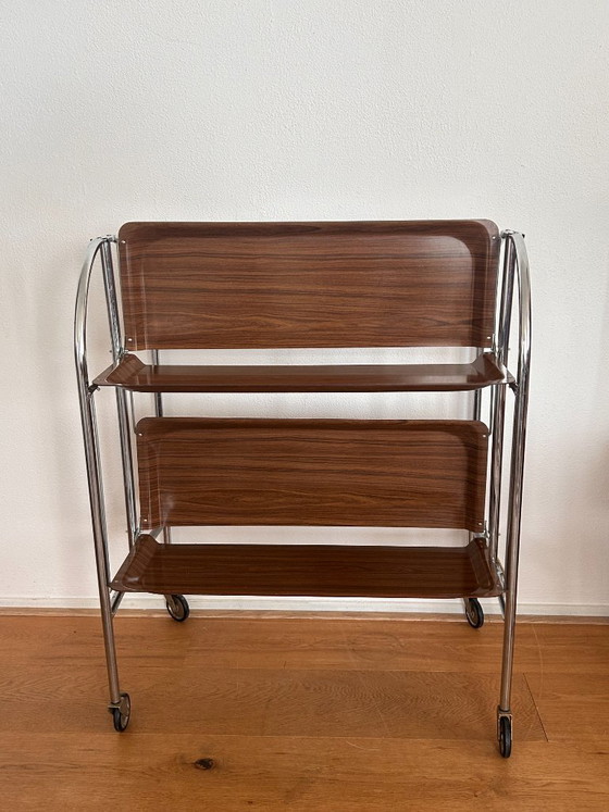 Bremshey "Dinett" Carrello bar pieghevole in cromo e venatura del legno (anni '70) – Carrelli bar, Wood (photo 5 of 8)