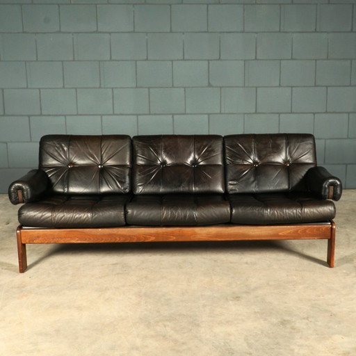 Divano in pelle nera di metà secolo – struttura in legno – anni '60