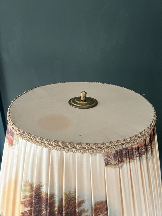 Image 1 of Vintage Mid - Century floor lamp from the 1960s. Lampshade with hunting motifs and turned wooden base in top condition.