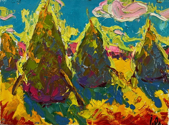 Image 1 of Original Oil Painting Colorful Nature Landscape Summer sunset sun in the field