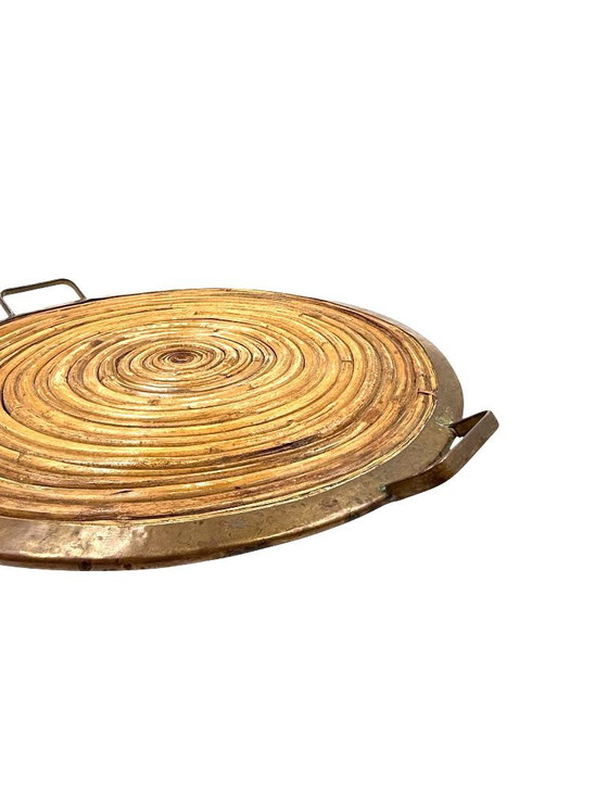 Image 1 of Vassoio Hollywood Regency in ottone e vimini, Italia 1970 ca.