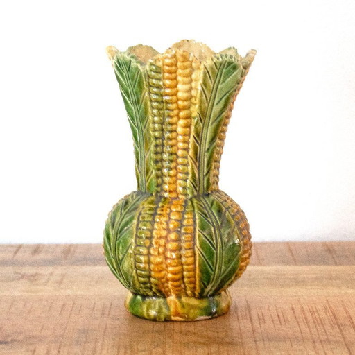 Vintage French Majolica ceramic corn vase: Barbotine earthenware, 1950s