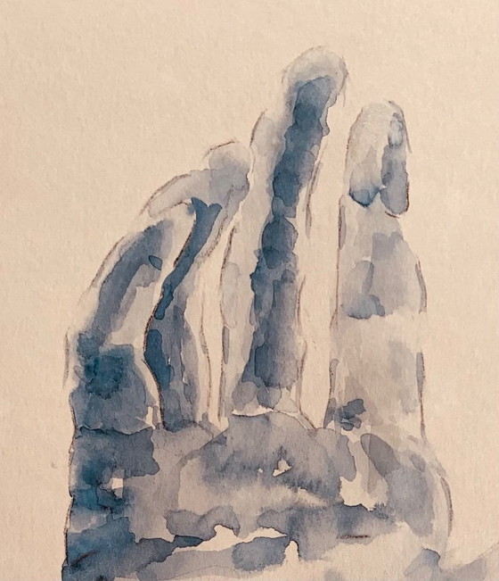 Image 1 of Monochrome blue watercolor of Auguste Rodin's statue "The Hand Reveals Man"