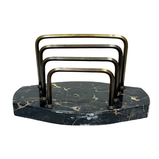 Image 1 of Art Deco Executive Desk Set: Letter Holder and Blotter – Portoro Marble and Brass – 1930s