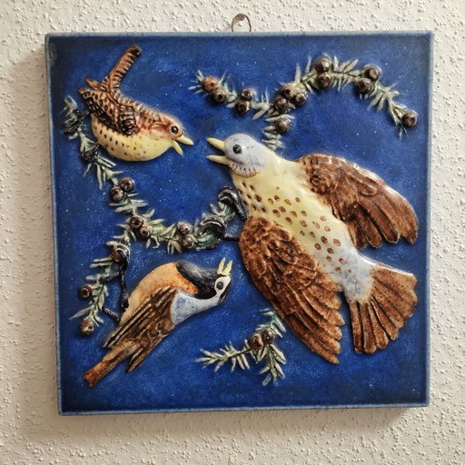 Cadre murale, plaque oiseaux en céramique émaillée bleu Majolika Karlsruhe vers 1950,60 