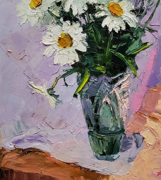 Original Oil Painting Floral Still Life Flowers in a Vase Bouquet of Daisies – Paintings & Drawings, Canvas (photo 6 of 7)