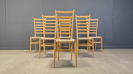 Image 1 of Set of 6 Beech wood italian ladder back chairs, 1970s