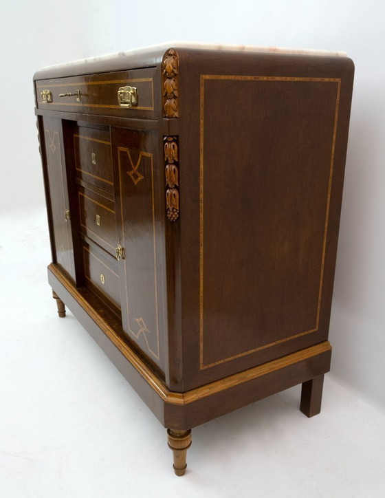 Image 1 of Comodini e cassettiera Liberty in radica di tuia italiana e marmo rosa del Portogallo