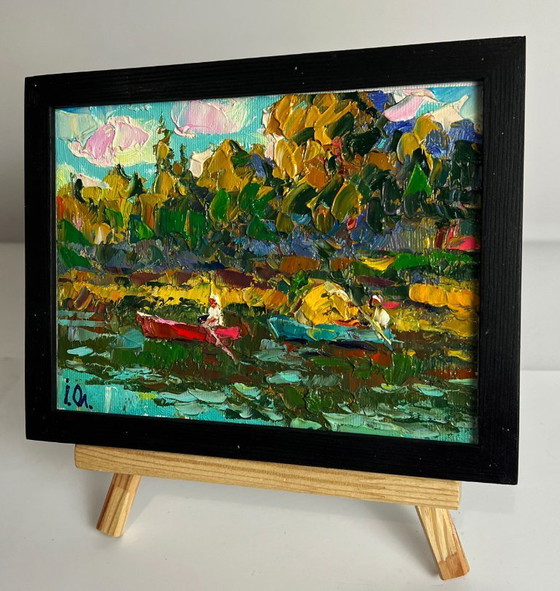 Image 1 of Peinture à l'huile originale représentant un paysage naturel en forêt d'été, sur des bateaux le long de la rivière