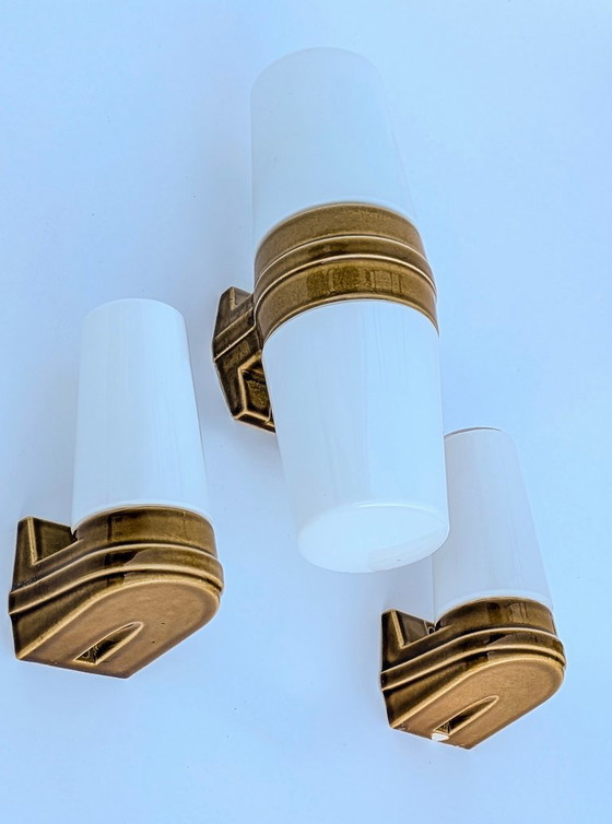Image 1 of Mid-Century Matching Set of 3 Ochre Porcelain Wall Sconces (Models 6065 & 6080) by Sigvard Bernadotte for Ifö – 1960s